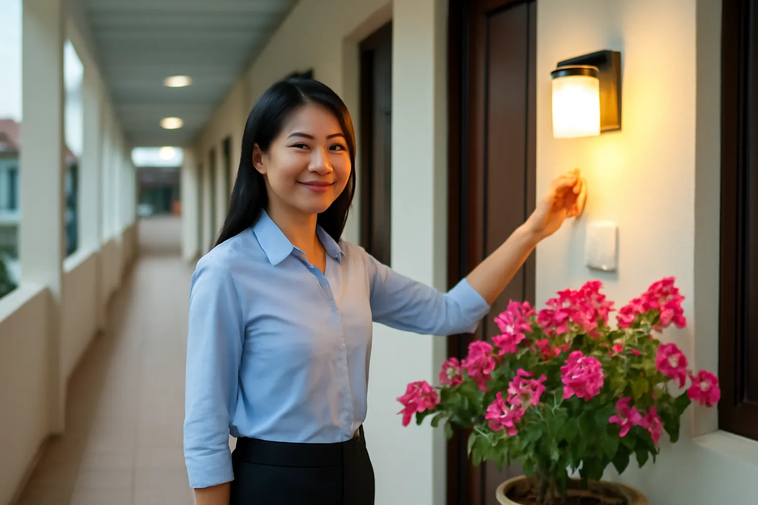 Cô gái trẻ đứng ở hành lang khu trọ chập tối, tay đặt lên công tắc đèn