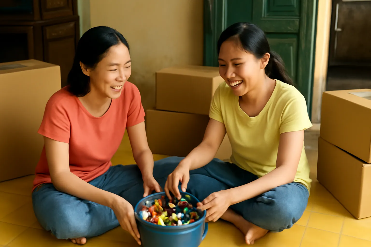 Hai chị em gái ngồi trên sàn nhà cũ mở chiếc hộp bánh quy thiếc đựng kim chỉ