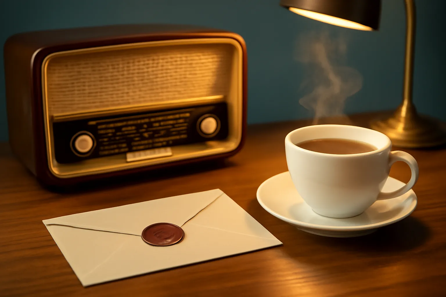 Phong bì thư cũ đặt cạnh chiếc radio bàn trong căn phòng tối có ánh đèn bàn