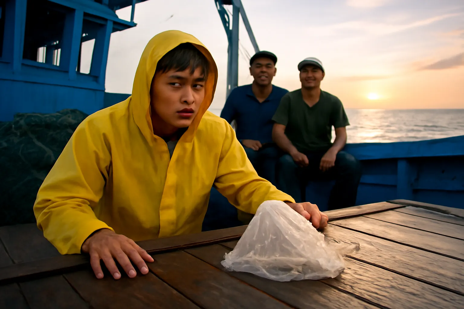 Ngư dân trẻ ngơ ngác nhìn túi rác ướt nằm trên boong tàu cá giữa biển lúc bình minh