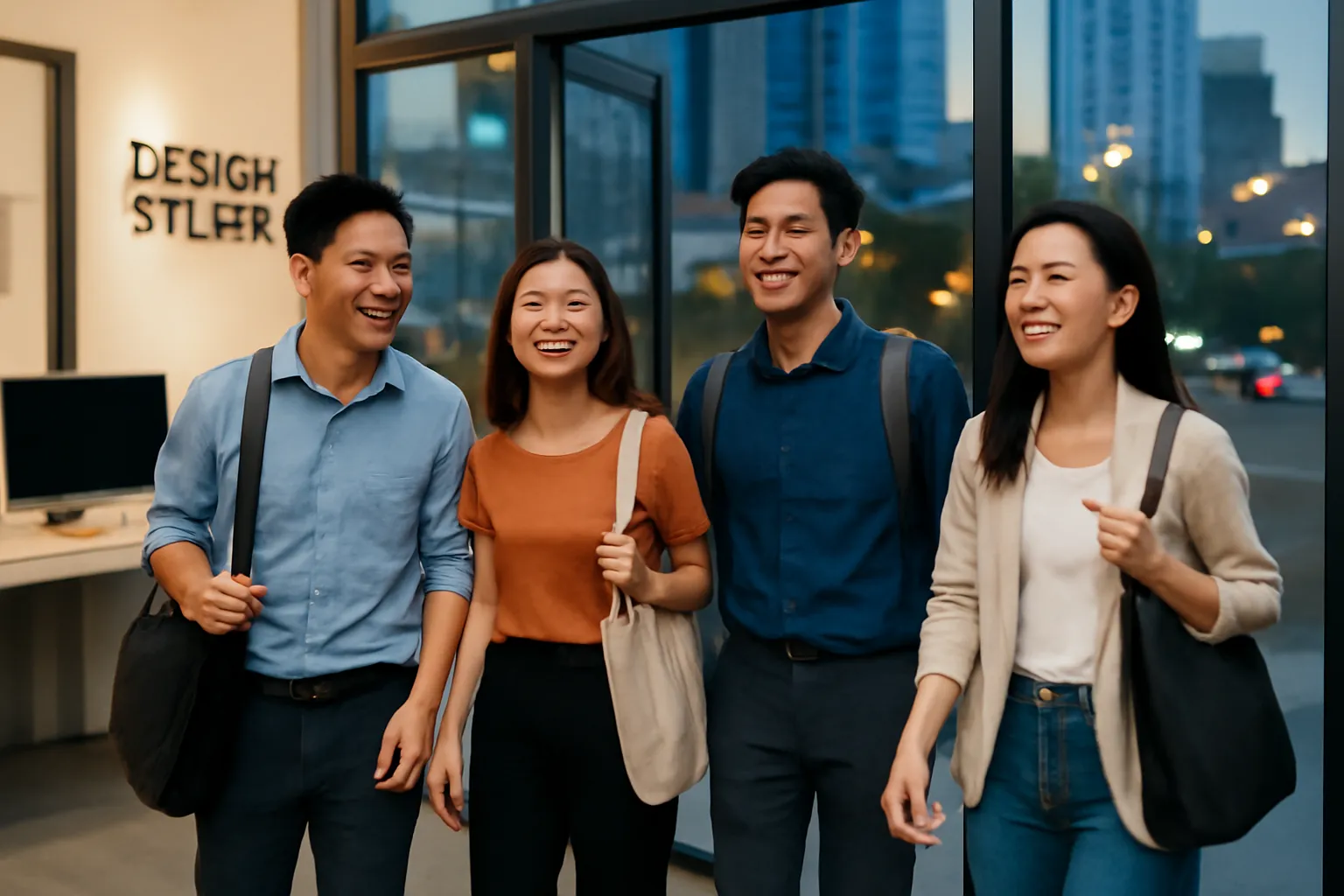 Nhóm nhân viên văn phòng trẻ cười đùa khi xách túi ra về lúc chập tối
