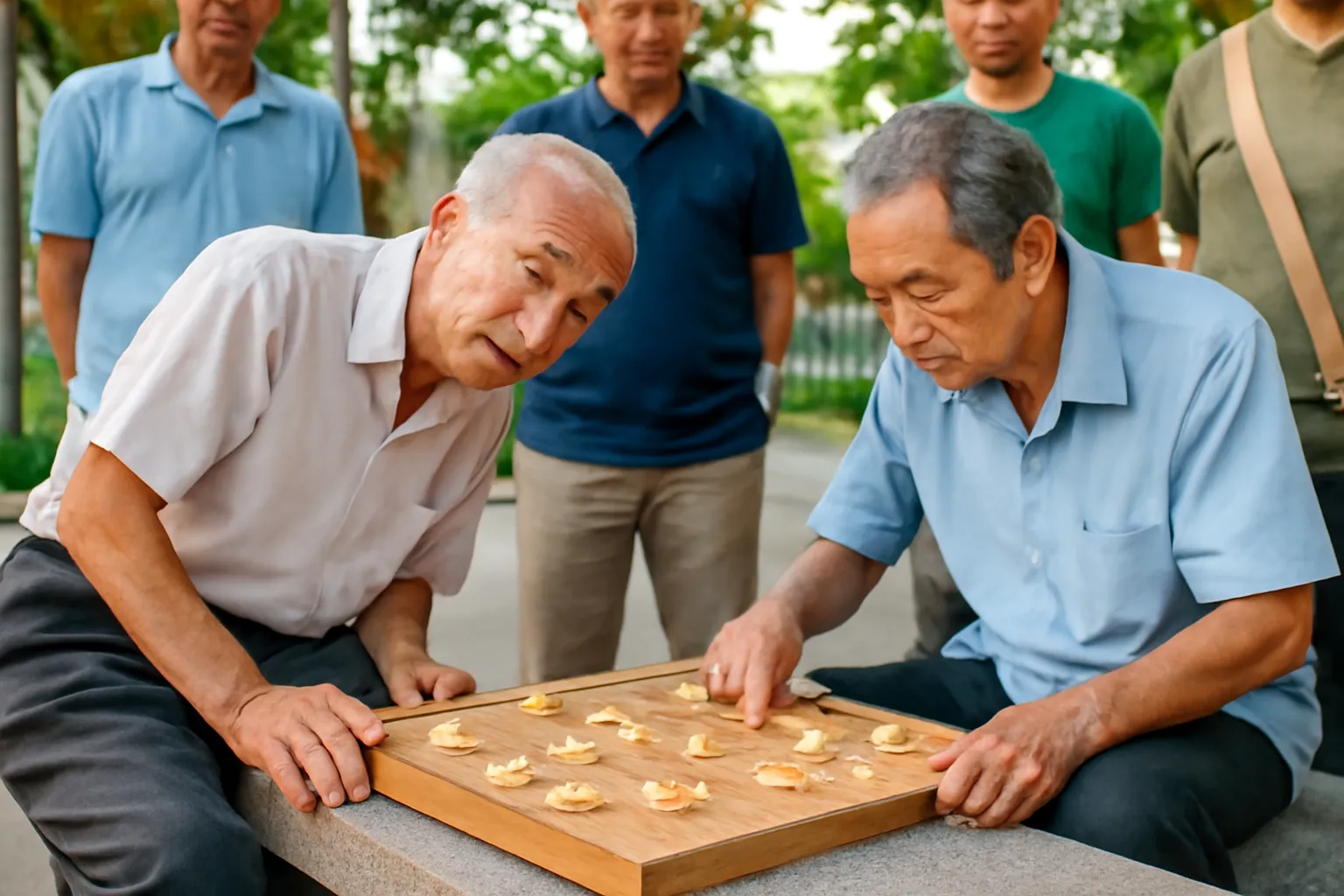 Hai cụ ông ngồi đánh cờ tướng trên ghế đá công viên, một người nghiêng tai lắng nghe