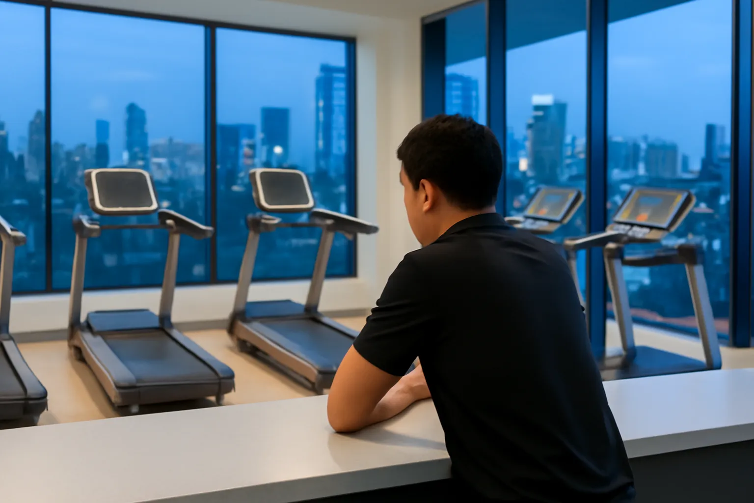 Cậu nhân viên phòng tập ngồi sau quầy lễ tân nhìn dãy máy chạy bộ trống lúc rạng sáng
