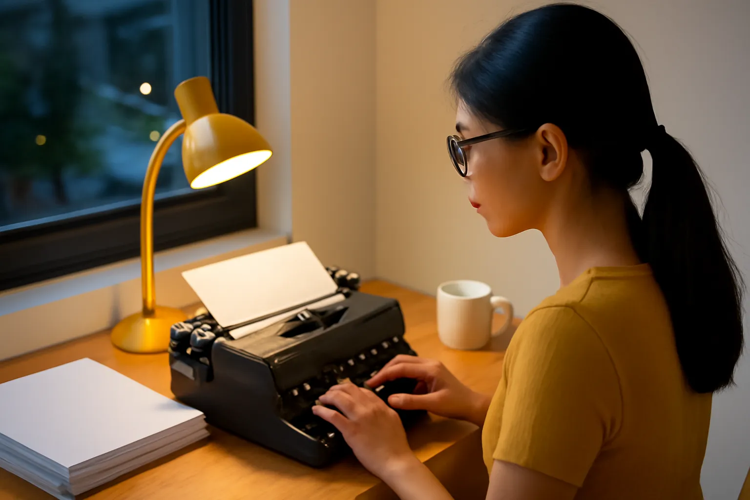 Cô gái trẻ ngồi trước chiếc máy đánh chữ cũ bên cửa sổ ban đêm
