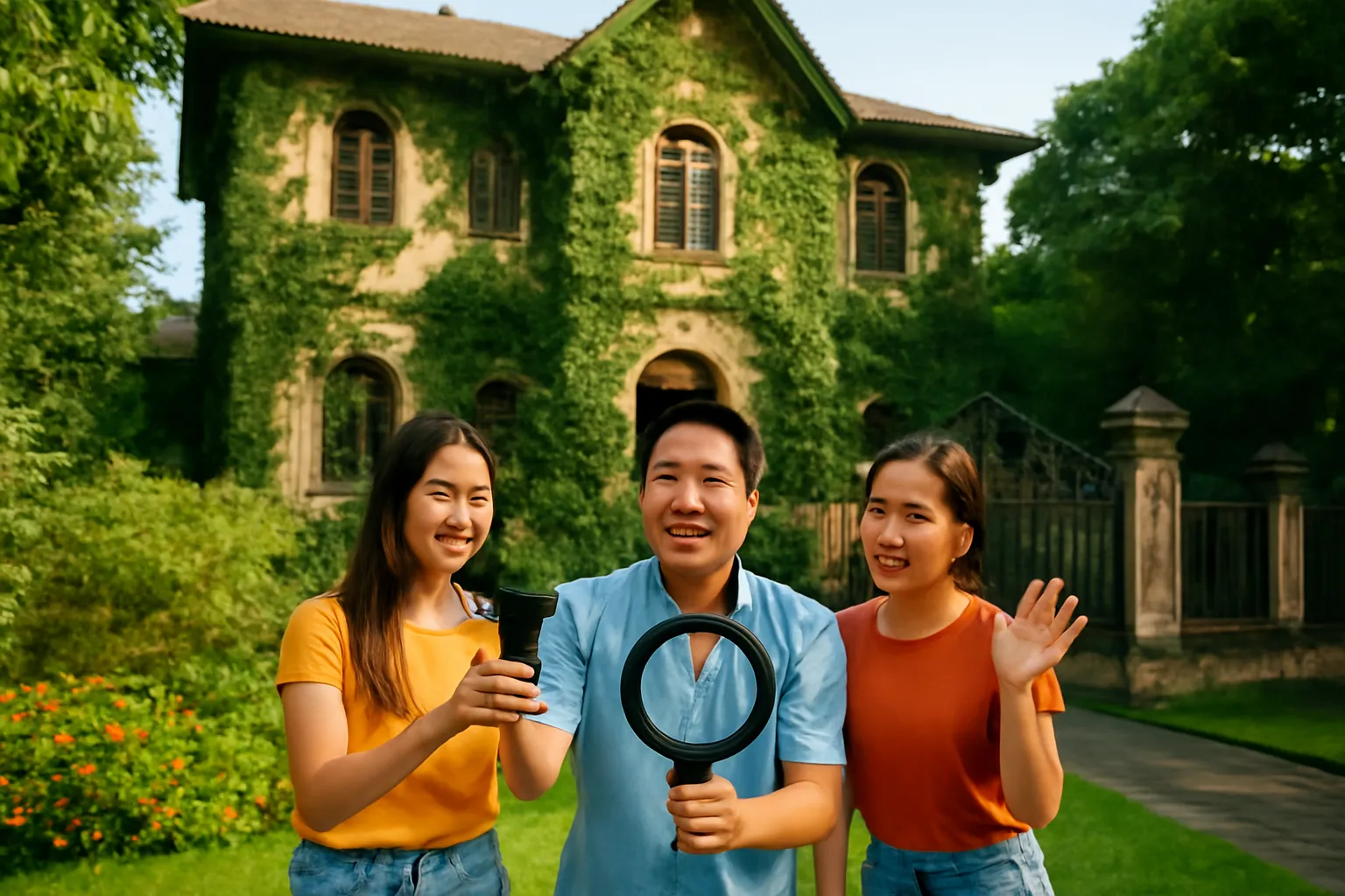 Ba bạn trẻ cầm máy quay và đèn đứng trước cửa biệt thự cũ phủ dây leo