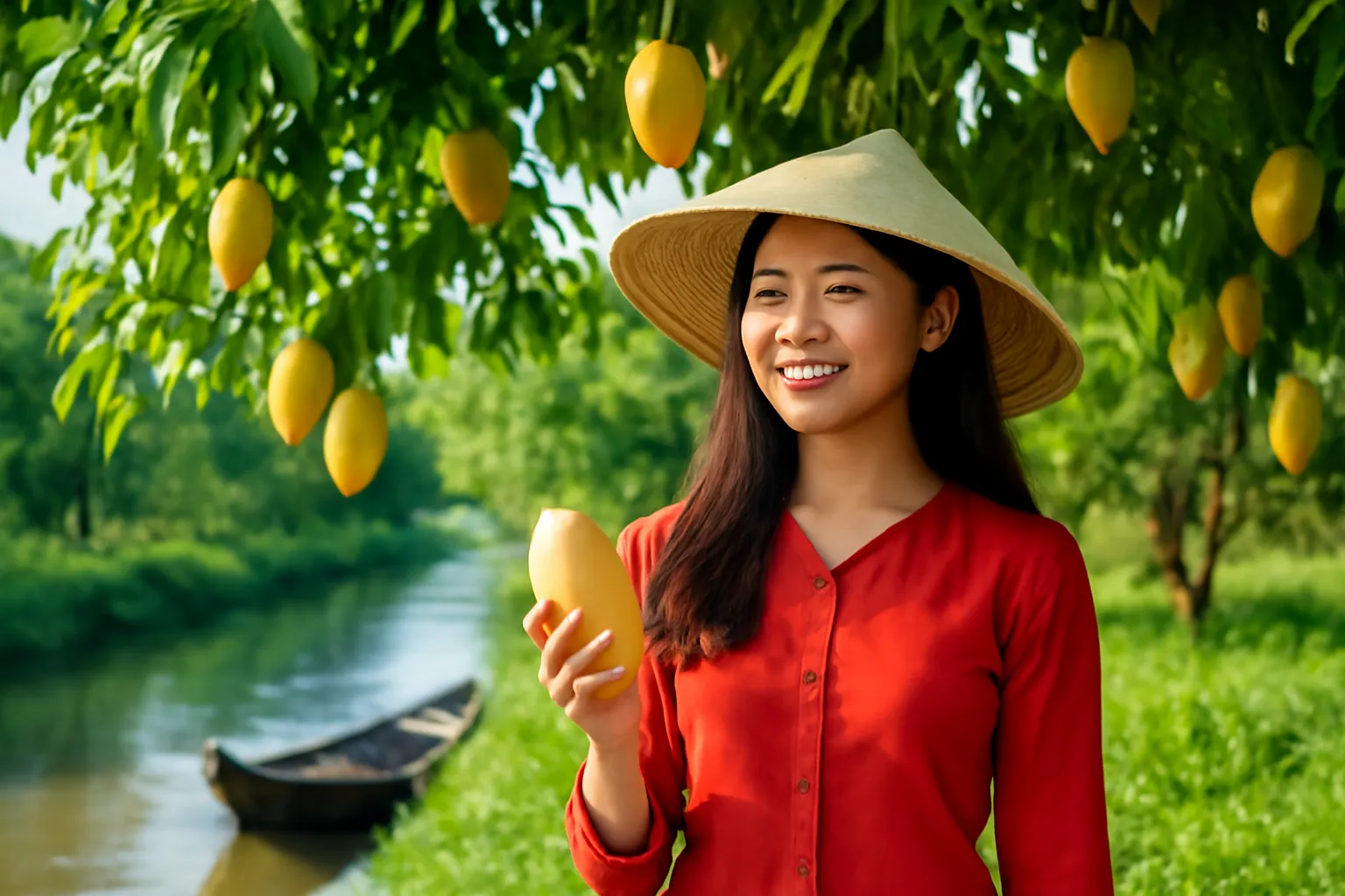 Người phụ nữ trẻ đội nón lá đứng dưới tán xoài trong vườn ven sông