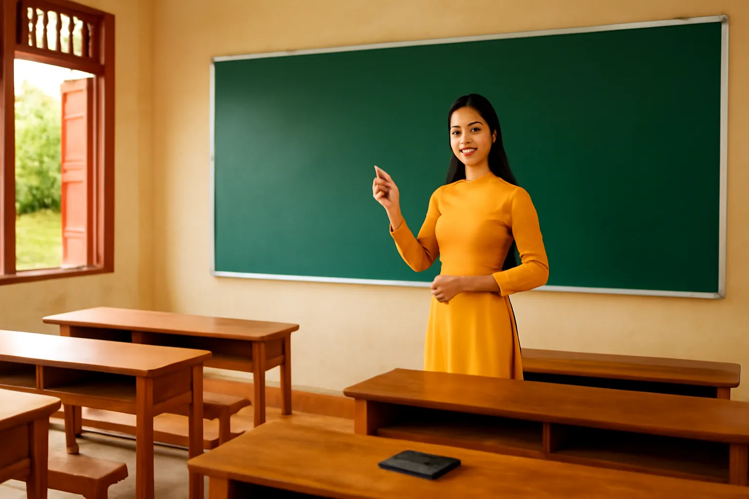 Cô giáo trẻ đứng trước bảng đen trong nhà văn hoá thôn buổi tối