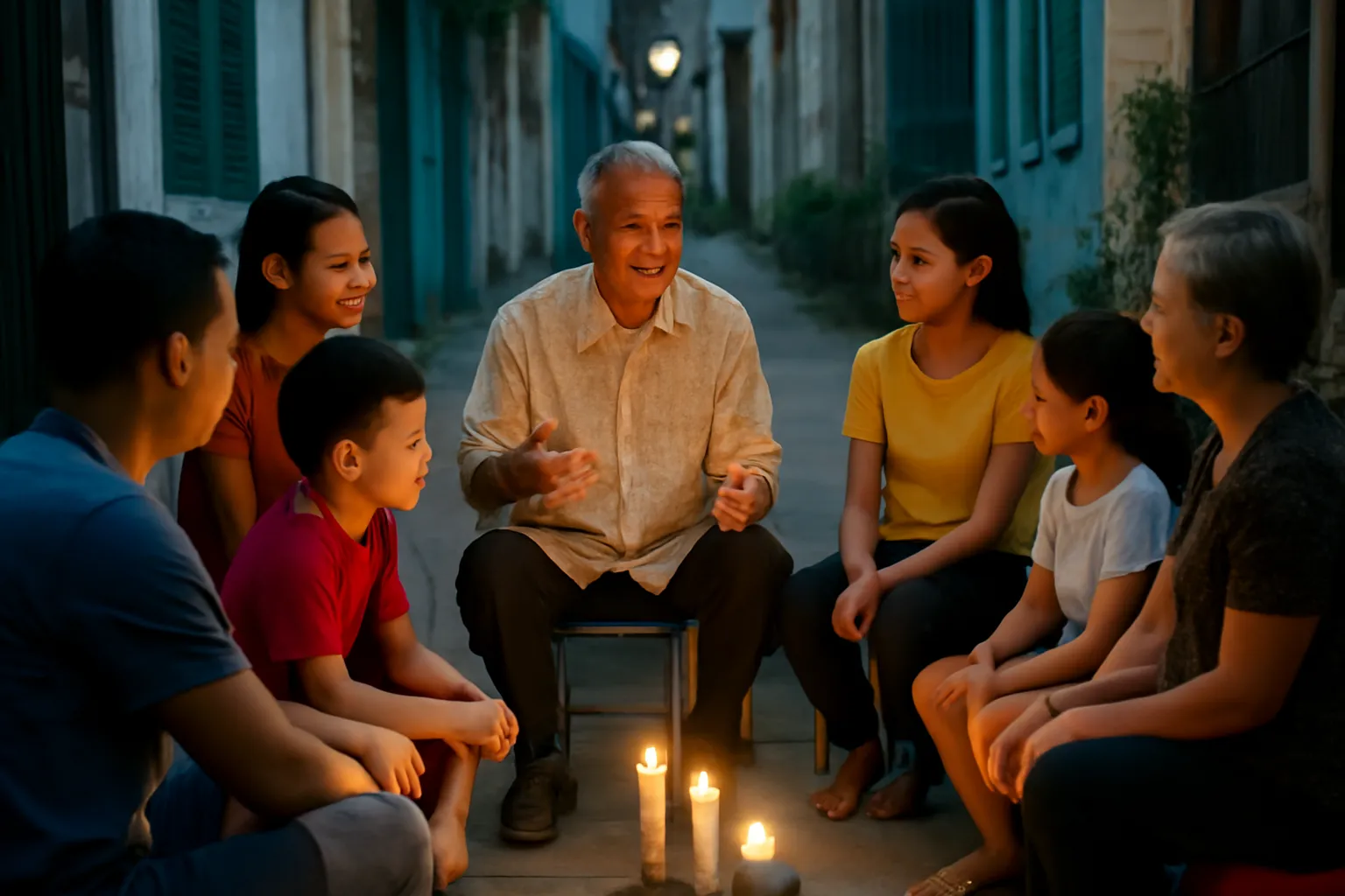 Hàng xóm ngồi quây quần trên ghế nhựa đầu ngõ dưới ánh nến trong đêm mất điện