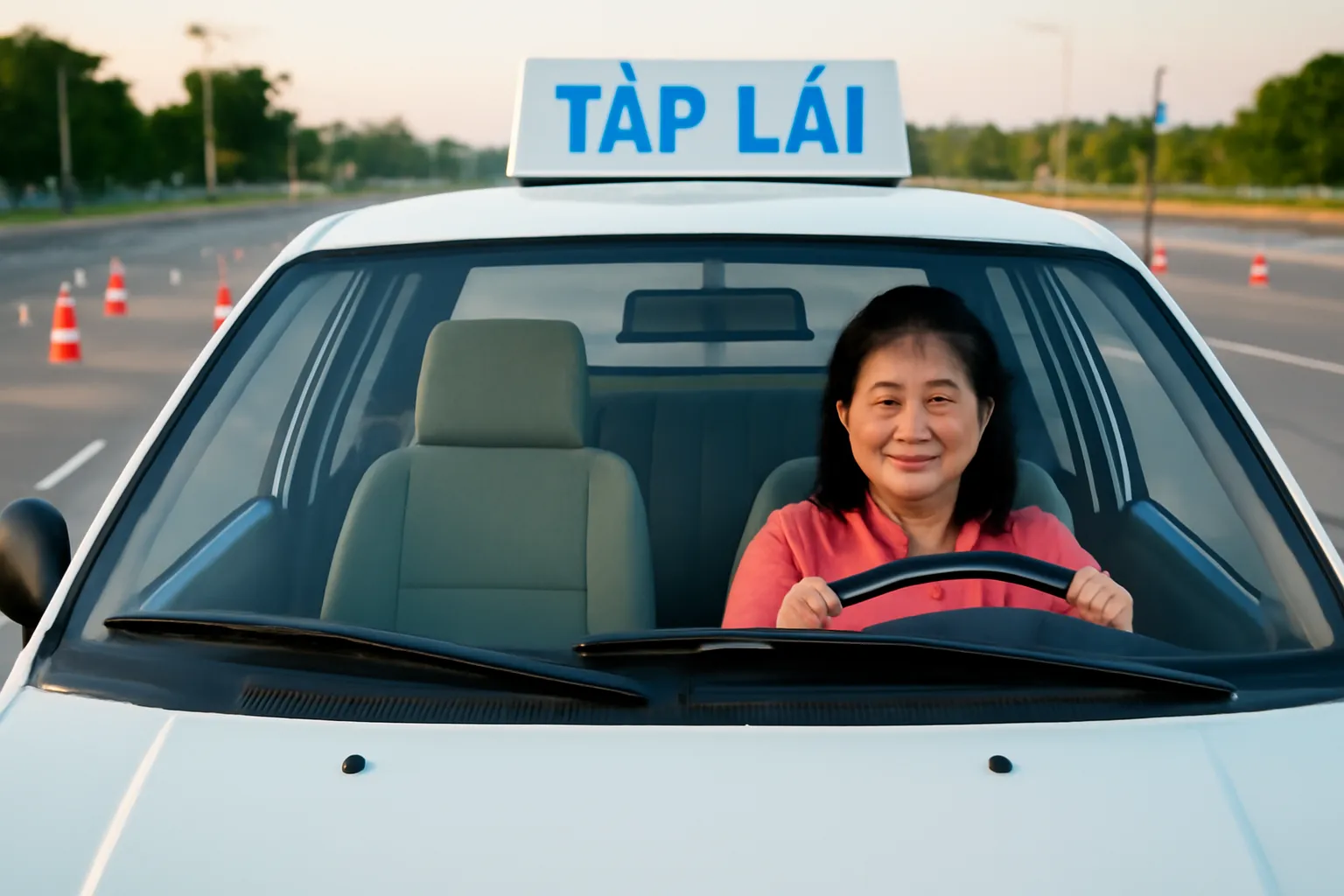 Người phụ nữ trung niên nắm chặt vô lăng ô tô tập lái trên sân tập buổi sớm