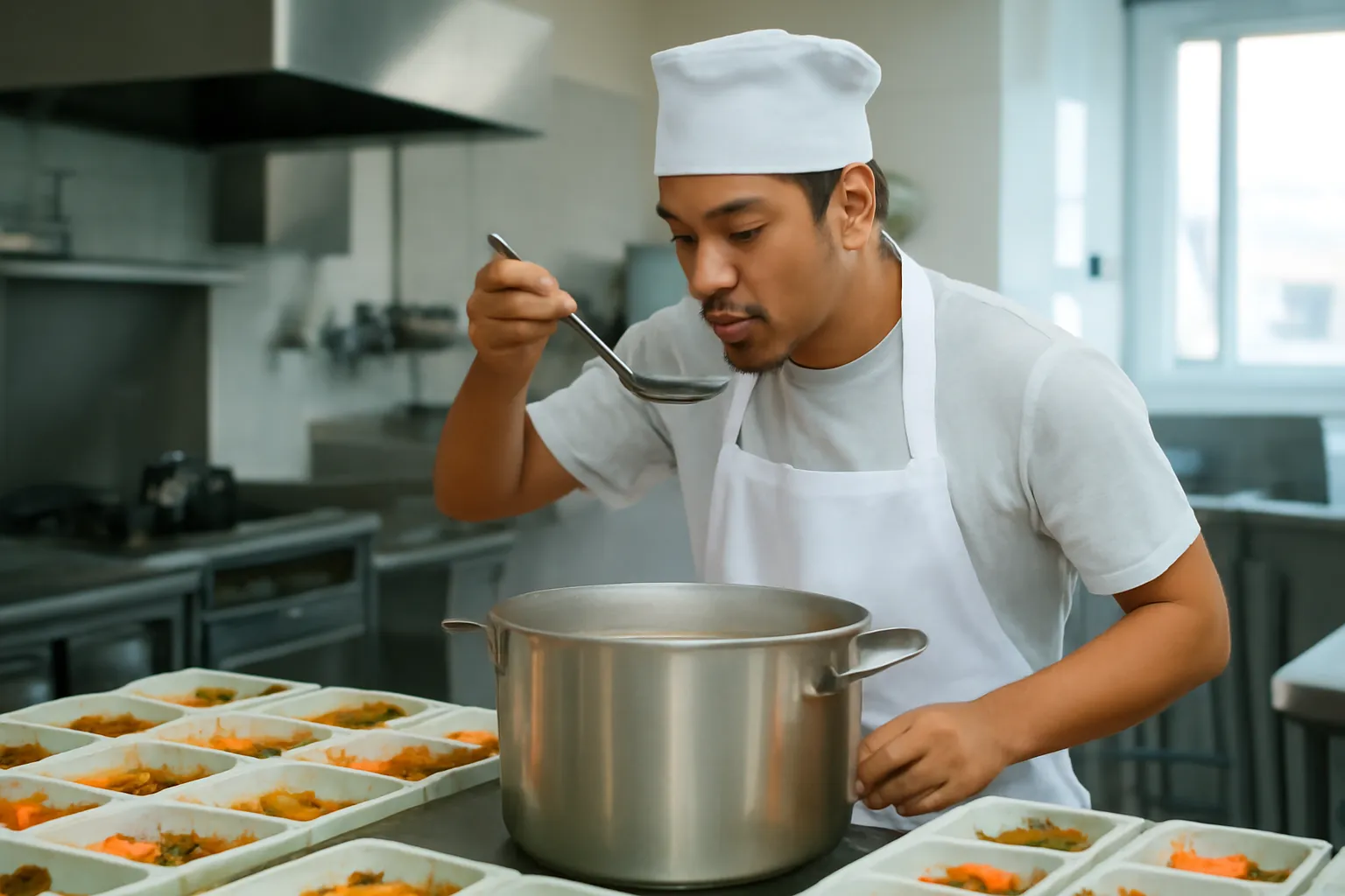 Anh đầu bếp đứng trong bếp ăn bệnh viện nếm nồi canh lớn lúc sáng sớm