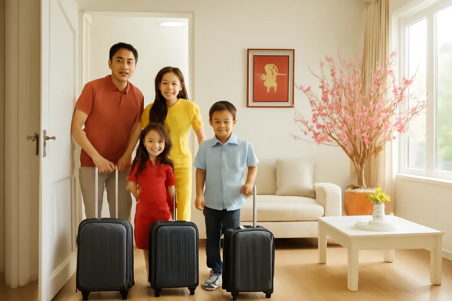 Gia đình kéo vali đứng sững ở cửa phòng khách sạch bóng ngày mùng ba Tết