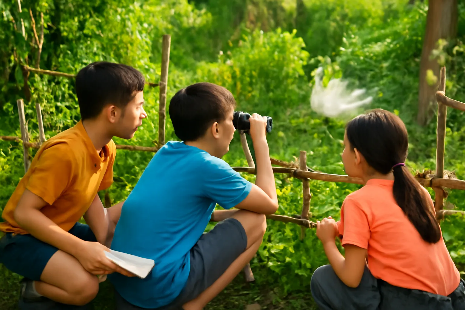 Ba đứa trẻ cầm sổ và ống nhòm nấp sau hàng rào nhìn vào khu vườn um tùm