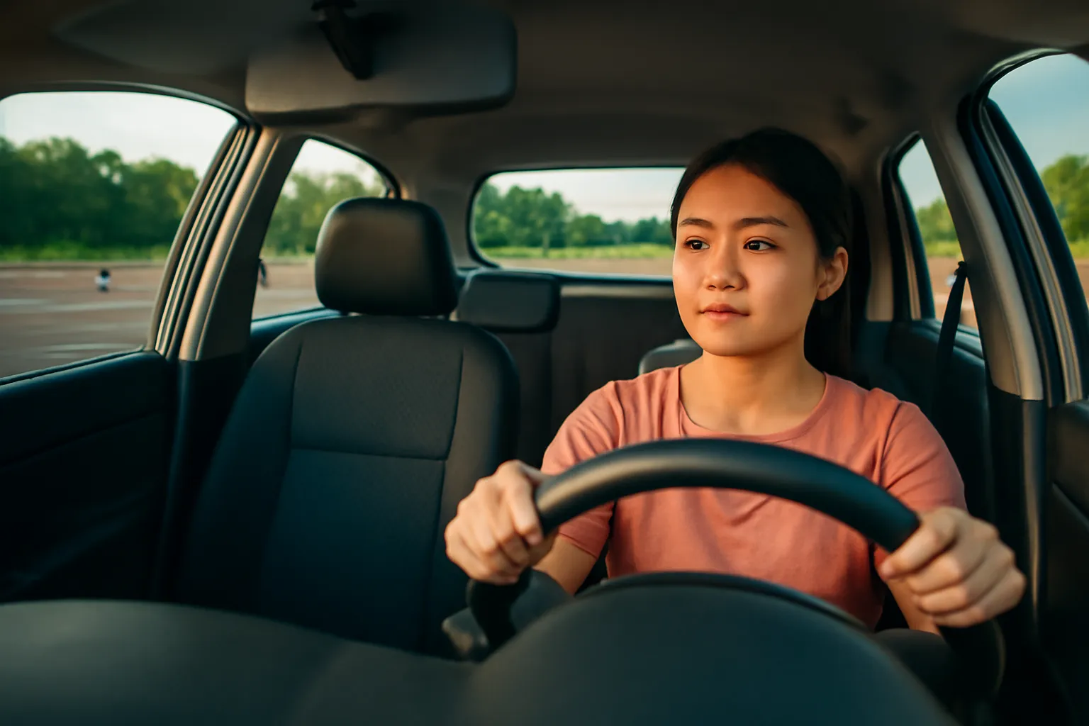 Cô gái trẻ ngồi ghế lái ô tô trên sân sa hình cũ có vạch kẻ đã phai