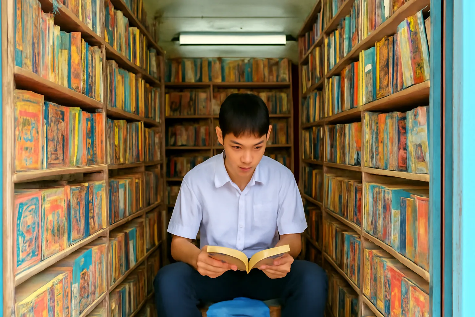 Kệ gỗ chật kín truyện chưởng bìa giấy cũ trong tiệm sách nhỏ dưới ánh đèn tuýp