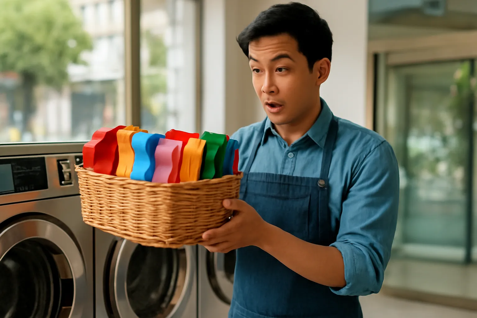 Cô chủ tiệm giặt nhìn chiếc rổ đầy tất ghép đôi đặt trên nóc máy sấy