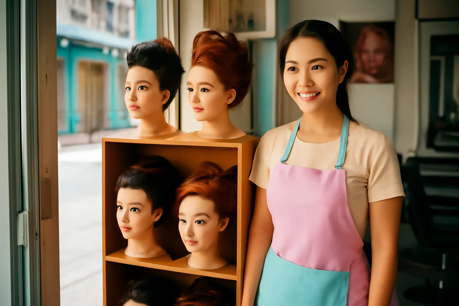 Cô thợ tóc trẻ đứng cạnh hàng đầu tượng mẫu trong tiệm tóc nhỏ buổi sáng