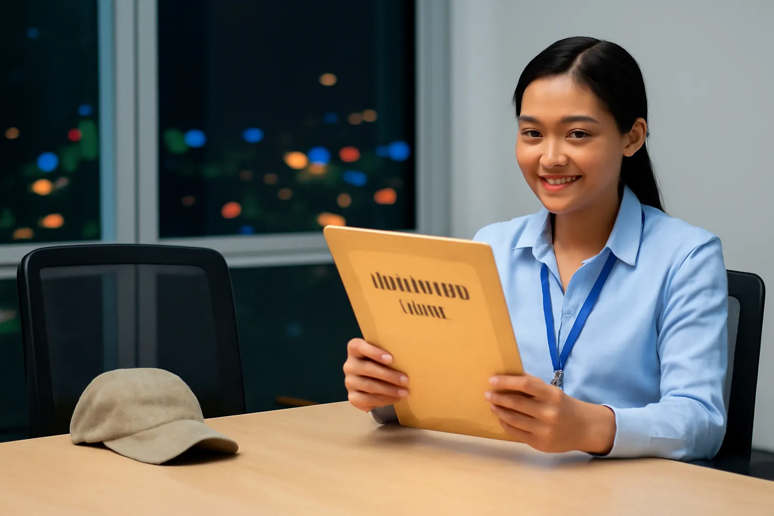 Cô nhân viên nhân sự trẻ cầm tập hồ sơ giấy ố vàng ngồi trong phòng họp nhỏ ban đêm