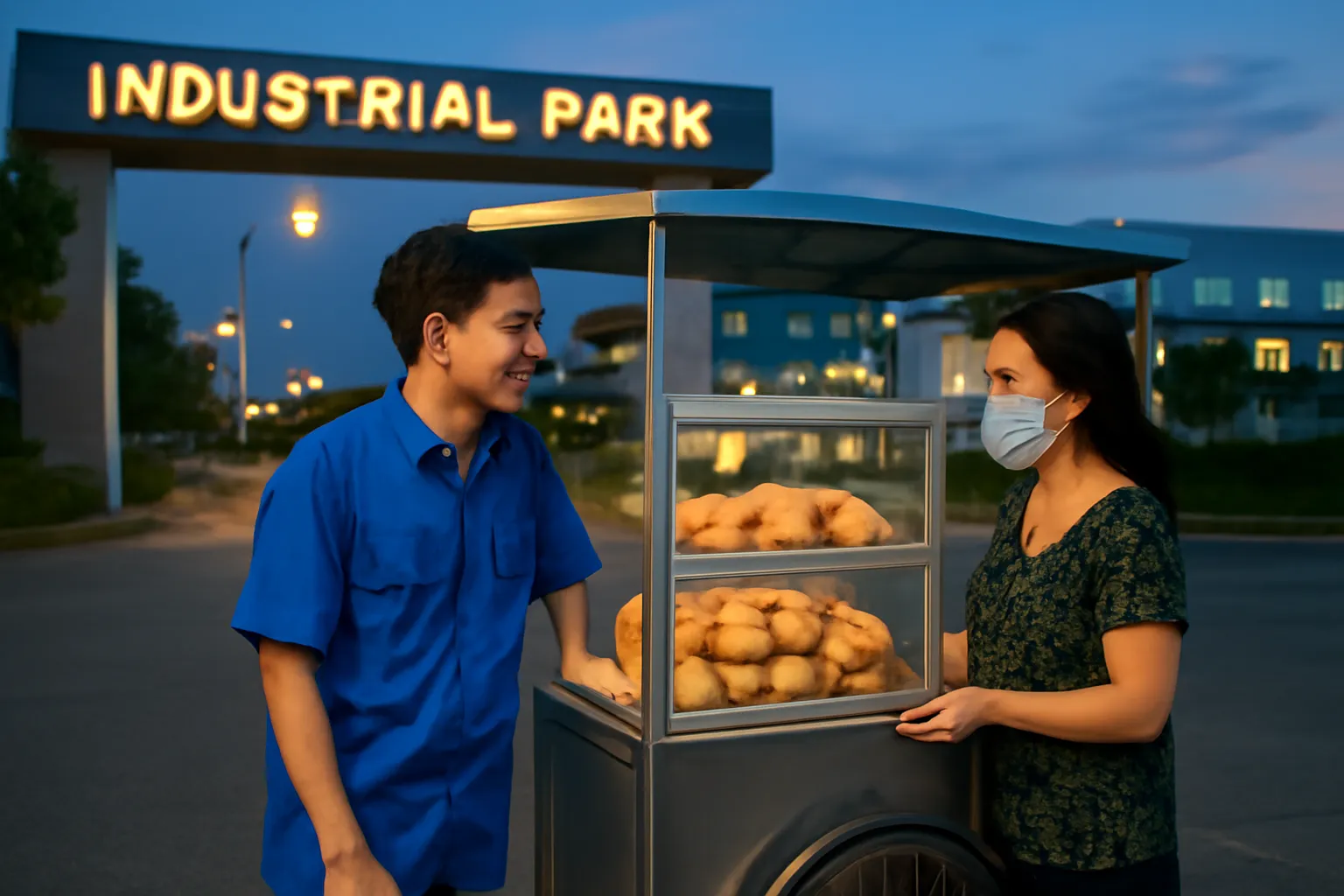 Xe bánh mì nhỏ trước cổng khu công nghiệp lúc chạng vạng, công nhân xếp hàng