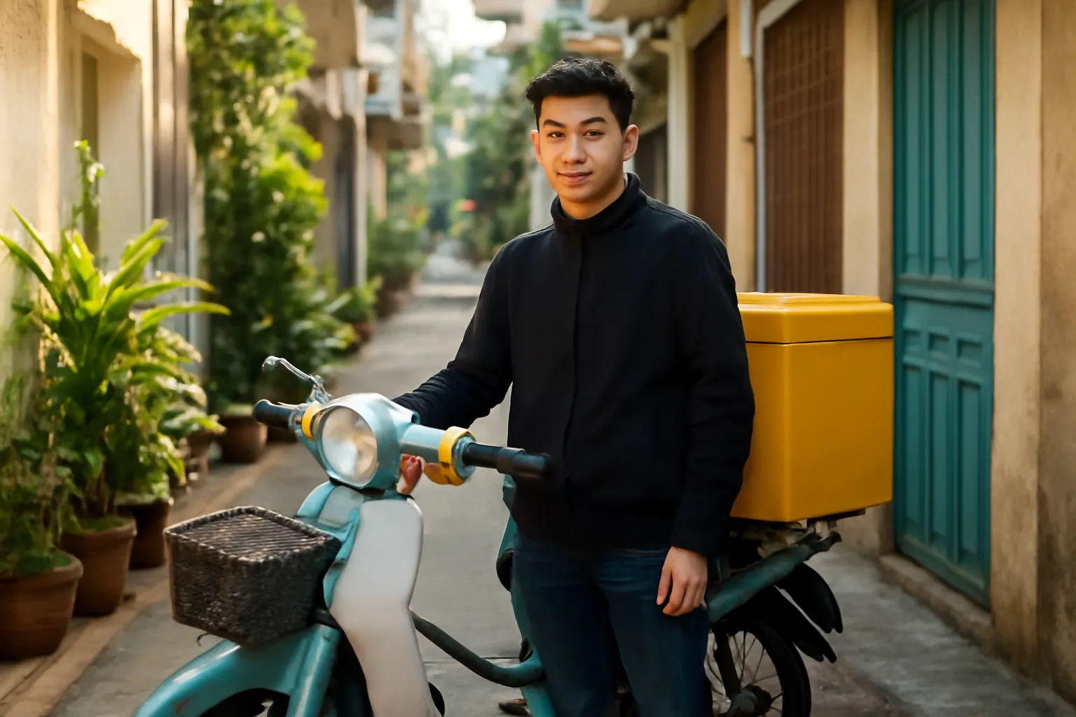Chàng trai giao hàng đứng cạnh chiếc xe máy Cub cũ màu xanh trong con hẻm nhỏ