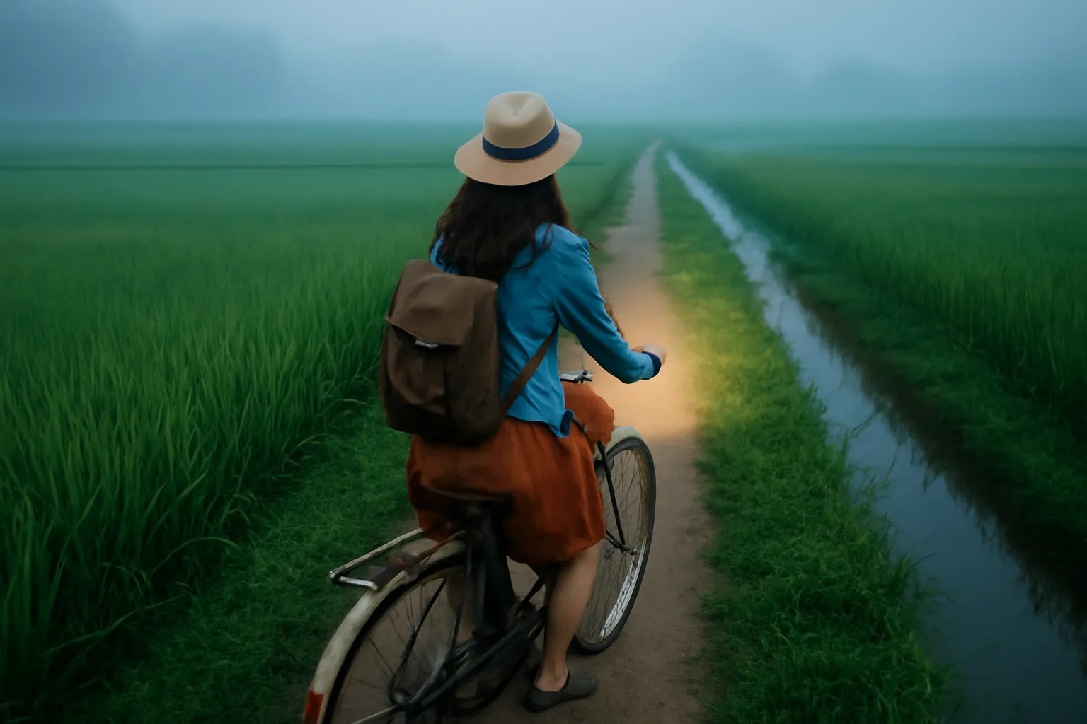 Chiếc xe đạp cũ có giỏ mây dựng trước hiên nhà nghỉ ven sông trong sương sớm