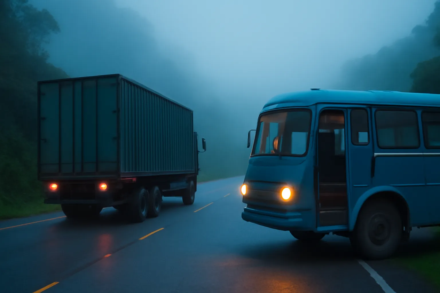 Xe container dừng trên đường đèo ban đêm, phía trước là chiếc xe đò cũ sơn xanh bật đèn vàng, sương mù dày