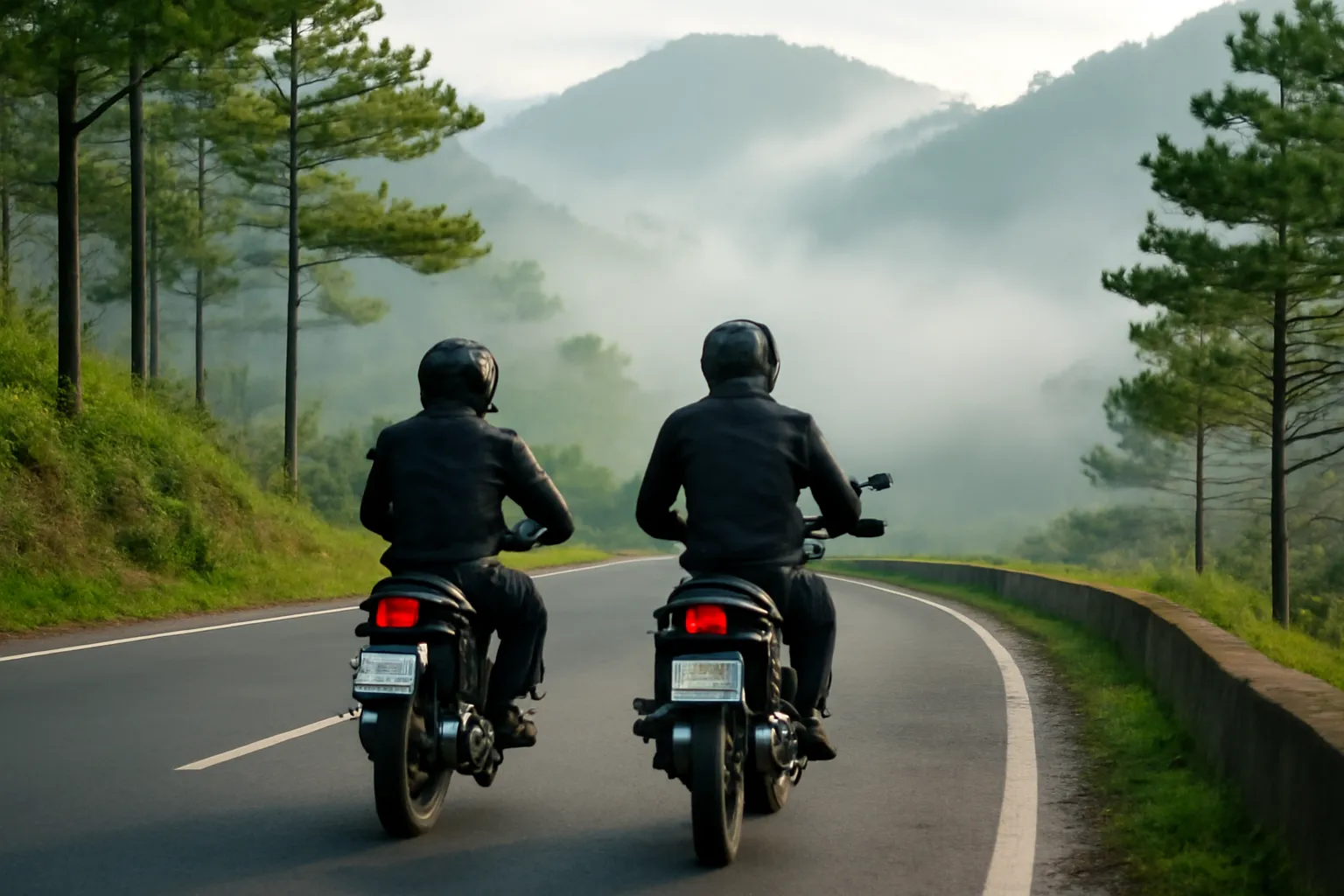 Hai chiếc xe máy giống nhau nối đuôi trên đường đèo phủ sương, nhìn từ phía sau