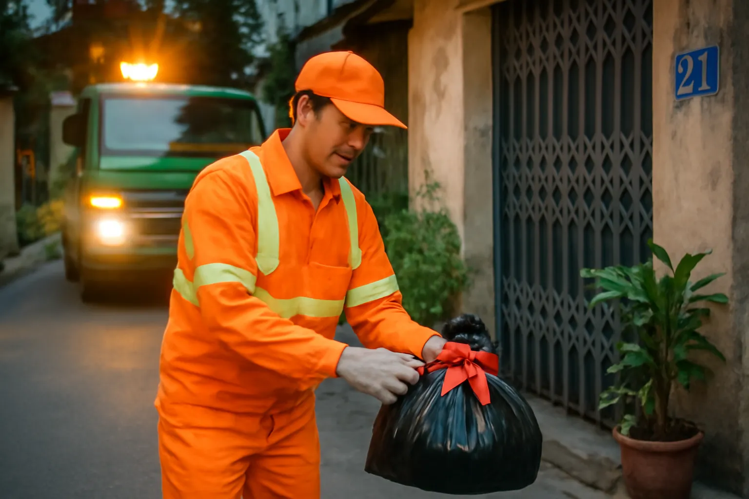 Công nhân vệ sinh nhặt túi rác buộc nơ gọn gàng trước cổng một căn nhà cũ lúc nửa đêm