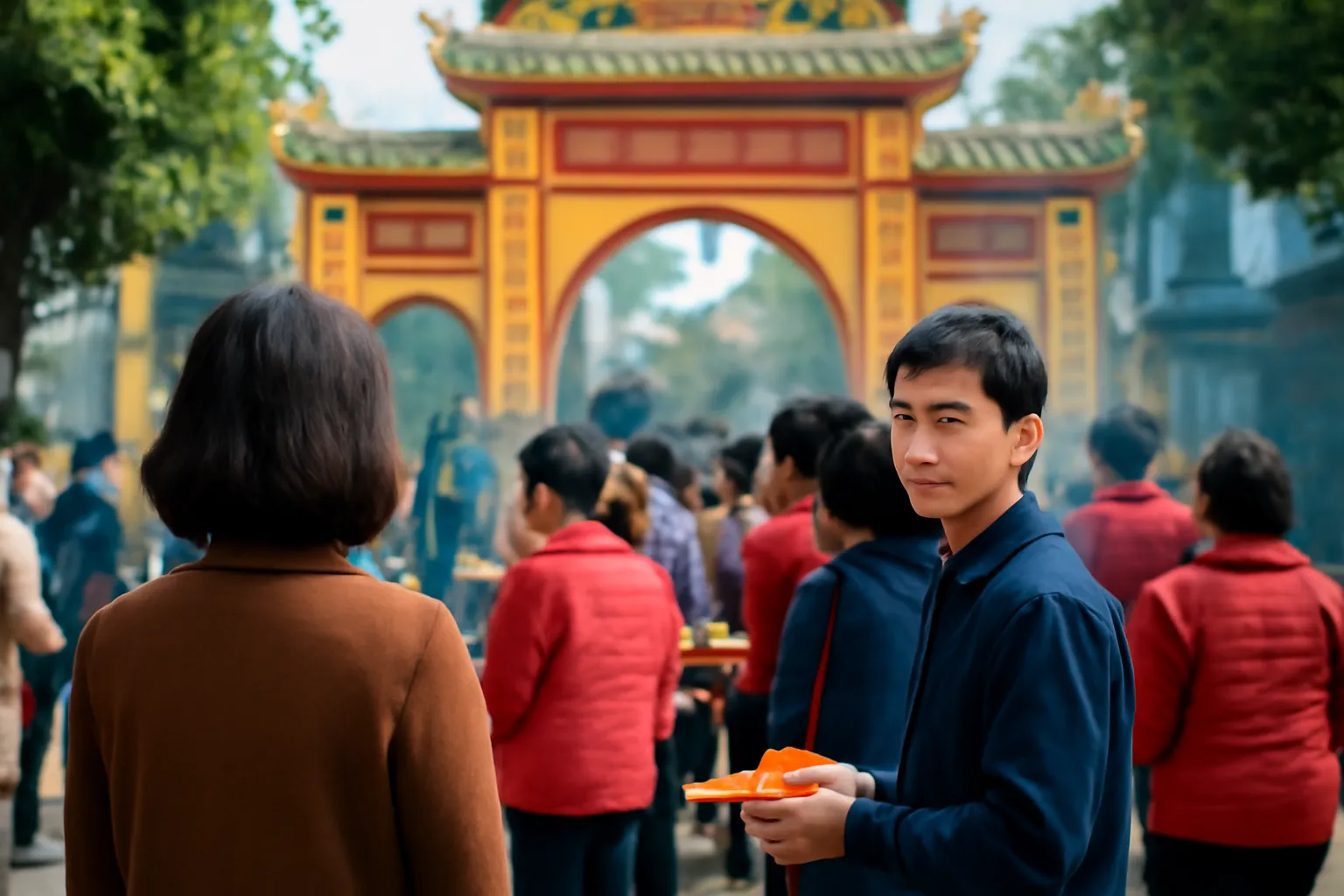 Hàng người xếp dài trước cổng đền ngày đầu năm, một người phụ nữ đứng yên quay lưng lại