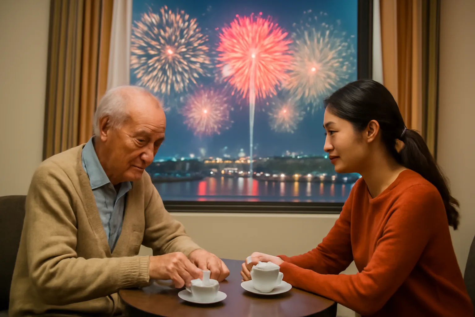 Bàn tay người đàn ông lớn tuổi gõ nhẹ lên mặt bàn gỗ cạnh cửa sổ có pháo hoa
