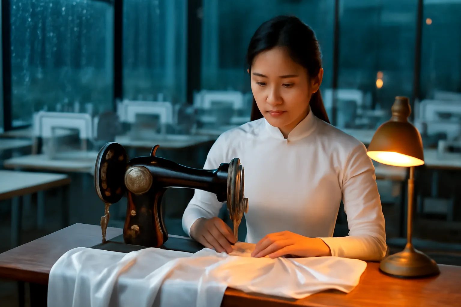 Cô thợ may trẻ ngồi trước máy khâu cũ trong xưởng may sáng đèn ban đêm