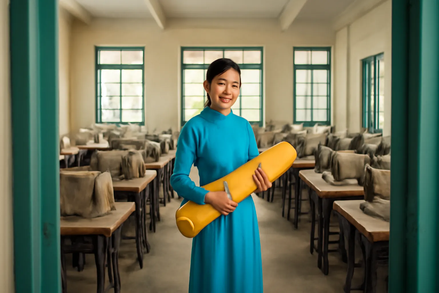 Cô gái trẻ ôm cuộn vải đứng giữa dãy máy khâu phủ bạt trong xưởng may cũ