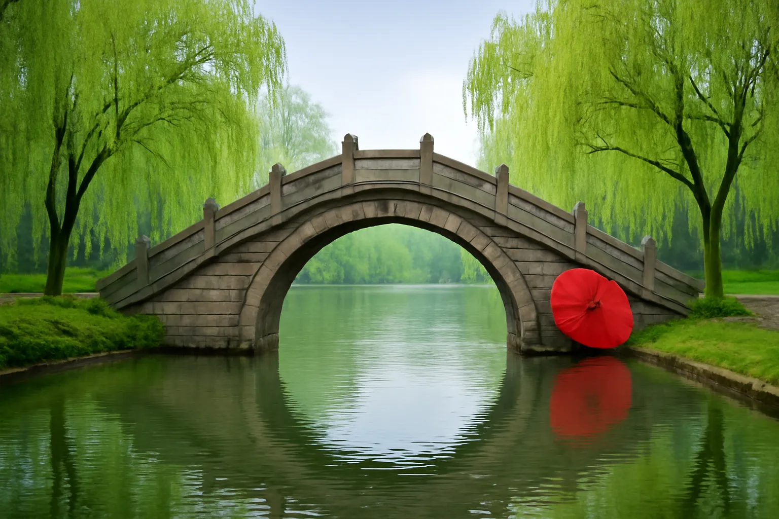 Cầu đá cong bắc qua mặt hồ lặng có hàng liễu rủ trong mưa phùn buổi sớm, chiếc ô giấy dầu tựa trên lan can cầu