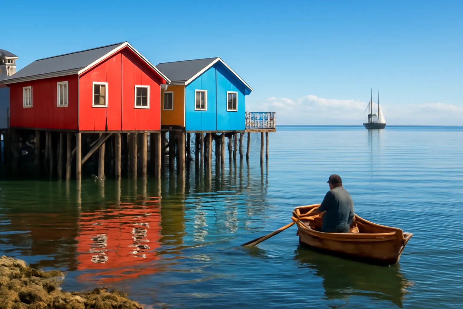 Những ngôi nhà sàn nhiều màu sắc dựng trên cột gỗ ven biển Chiloé