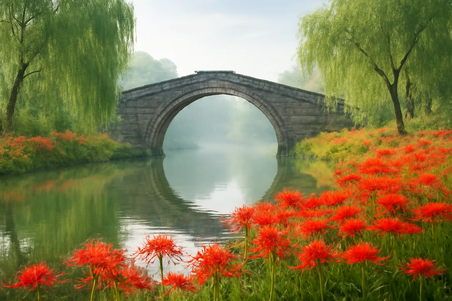 Cây cầu đá vòm cổ bắc qua dòng sông lặng trong sương sớm, hoa bỉ ngạn đỏ mọc hai bên bờ