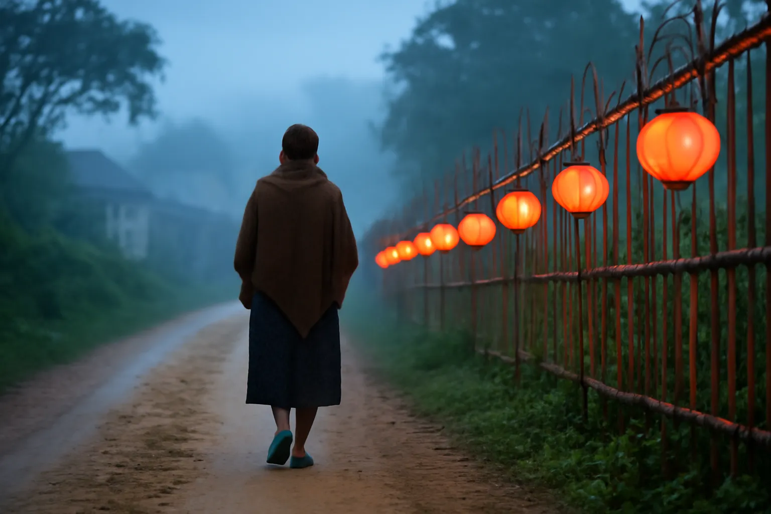 Dãy đèn lồng giấy mờ trong sương trên con đường đất ven làng lúc gần sáng