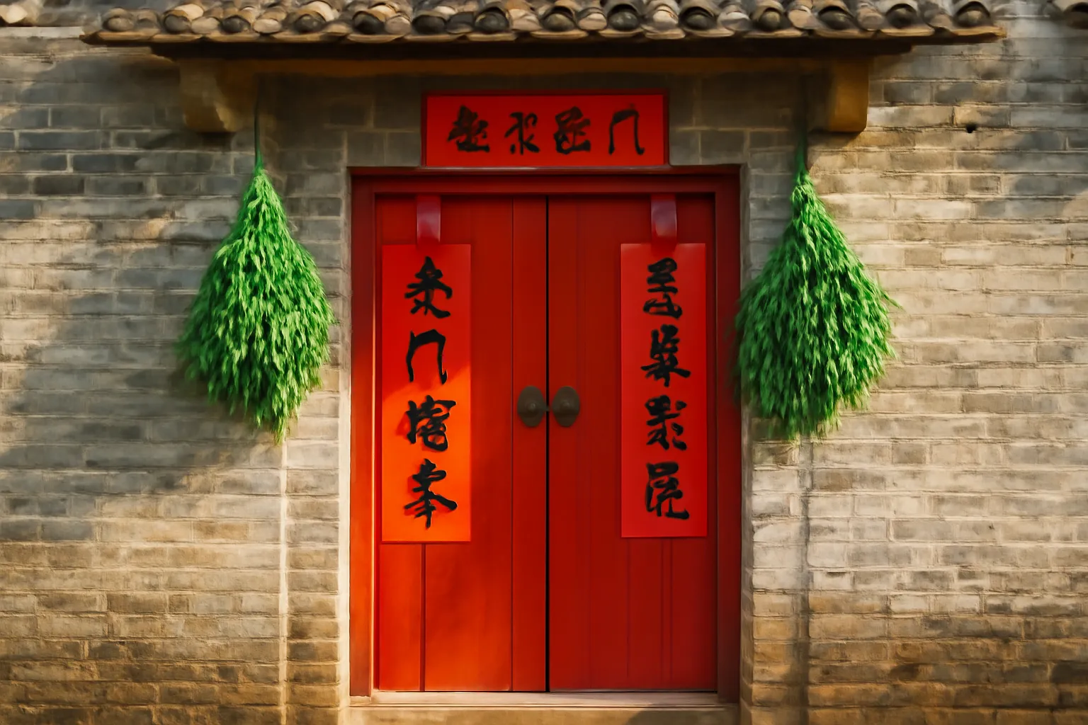 Cổng nhà sân trong kiểu cổ Trung Hoa có cửa đỏ, câu đối mới và bó ngải cứu treo trước cổng dưới nắng sớm