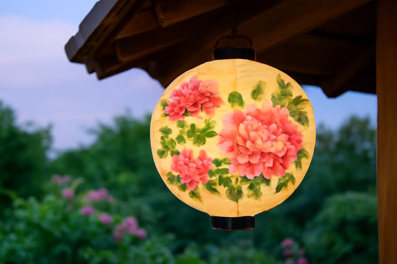 Chiếc đèn lồng giấy vẽ hoa mẫu đơn treo trước hiên gỗ lúc chạng vạng
