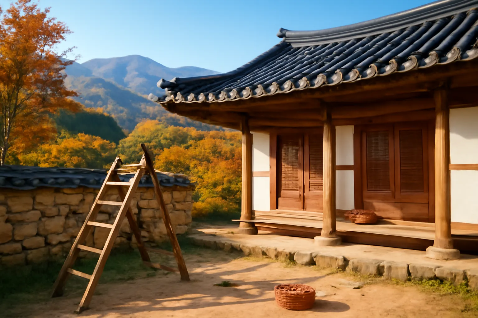 Ngôi nhà gỗ truyền thống Hàn Quốc ở làng núi mùa thu, chiếc gùi gỗ tựa tường đá, rổ hạt dẻ trên hiên