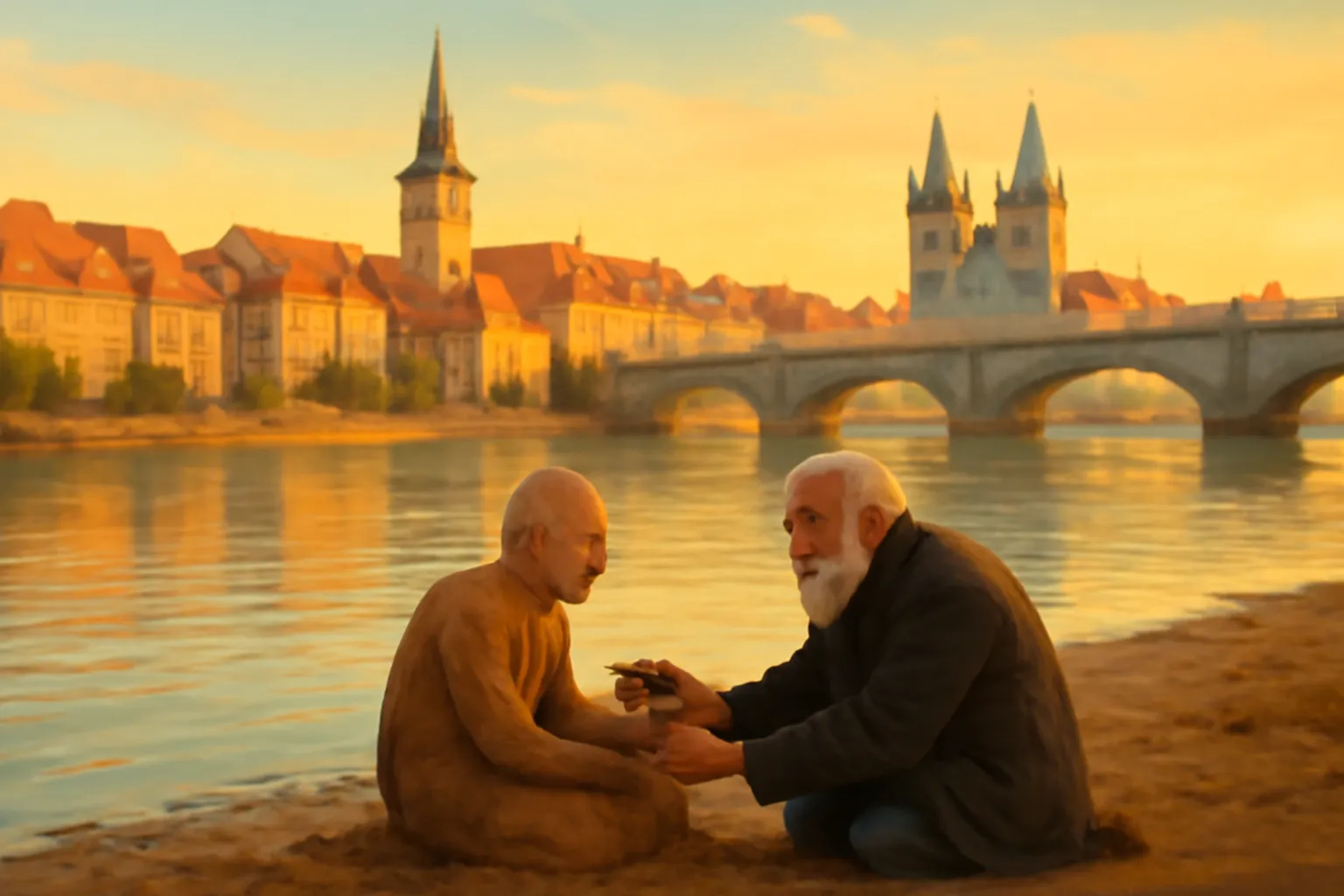 Mái ngói đỏ của thành Praha và cây cầu đá cổ bắc qua sông