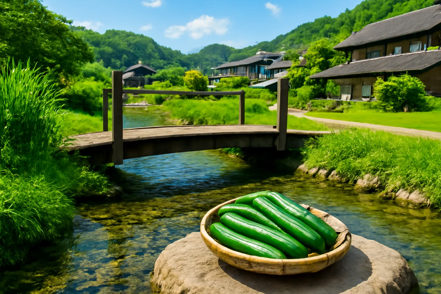 Cây cầu gỗ nhỏ bắc qua con suối trong ở làng quê Nhật Bản buổi sáng mùa hè, rổ tre đựng dưa chuột trên bờ