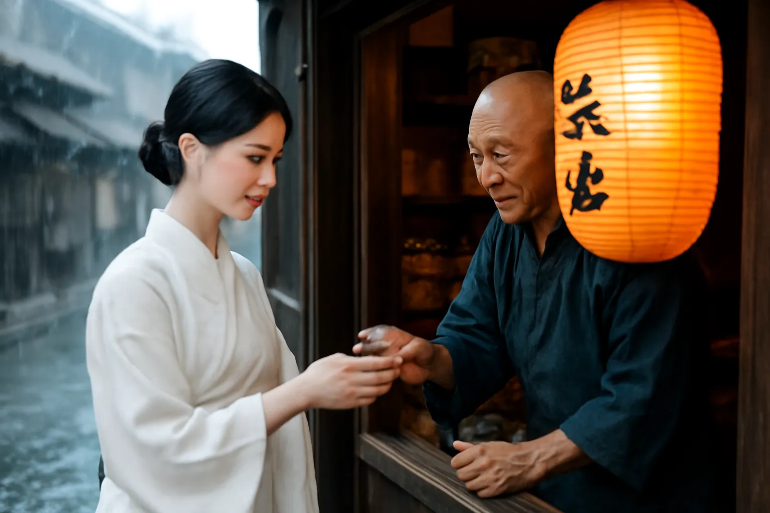 Người phụ nữ mặc kimono trắng đứng trước cửa tiệm kẹo gỗ trong đêm
