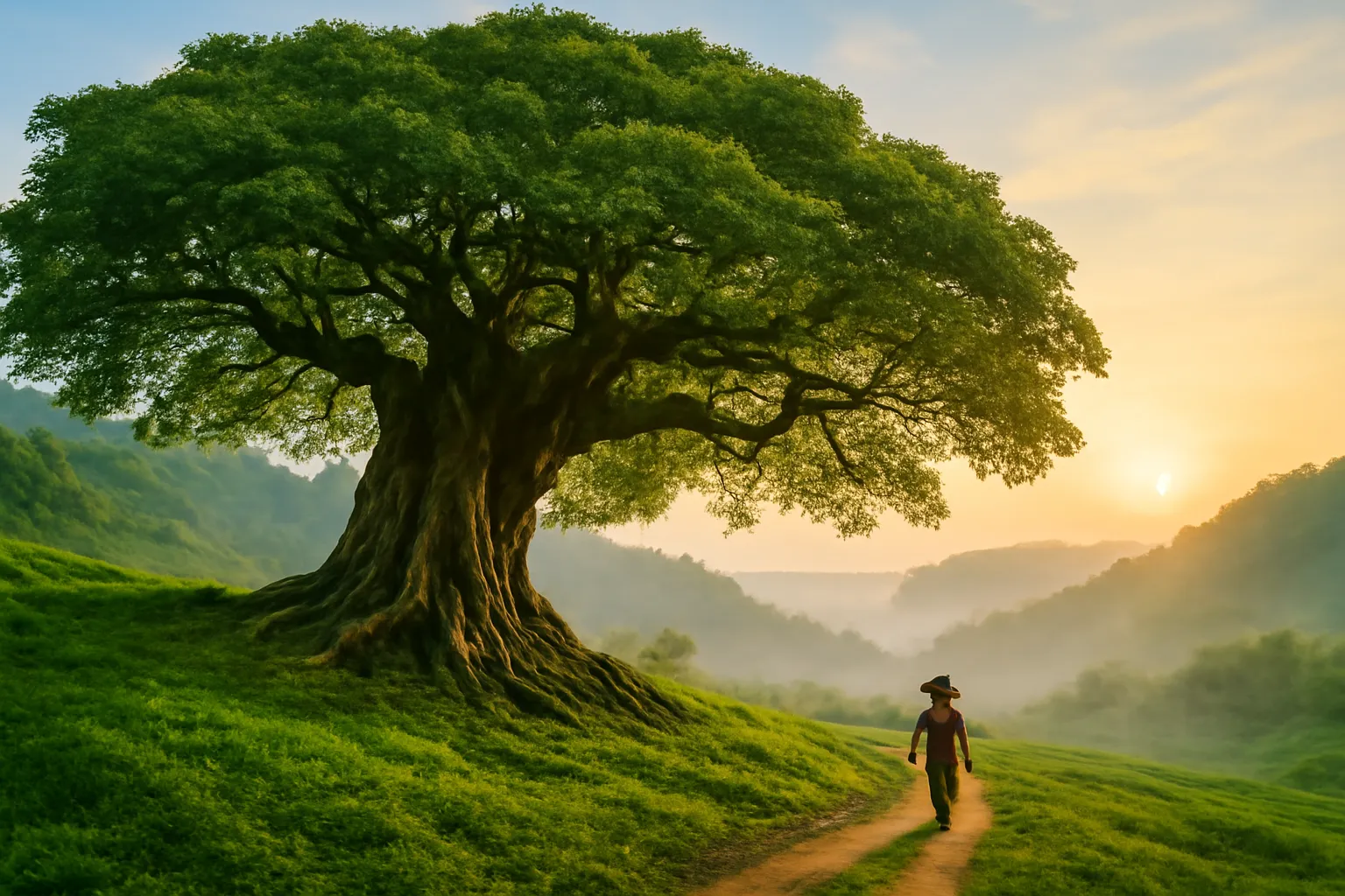 Cây cổ thụ khổng lồ thân xoắn trên sườn đồi phủ sương lúc bình minh, một người dân nhỏ bé đi bên dưới