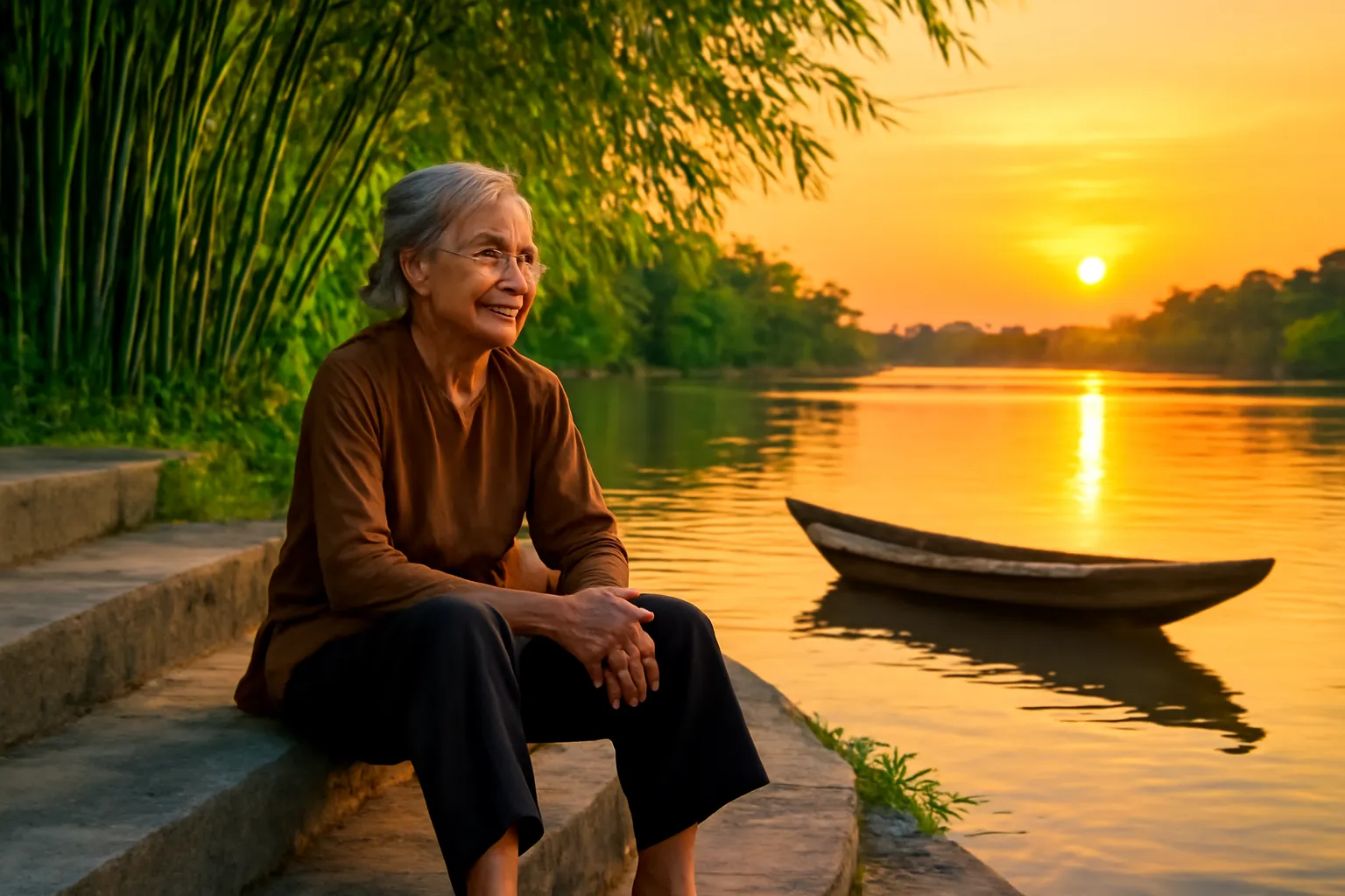 Bà cụ ngồi trên bậc đá bến sông lúc hoàng hôn, mặt nước ánh vàng