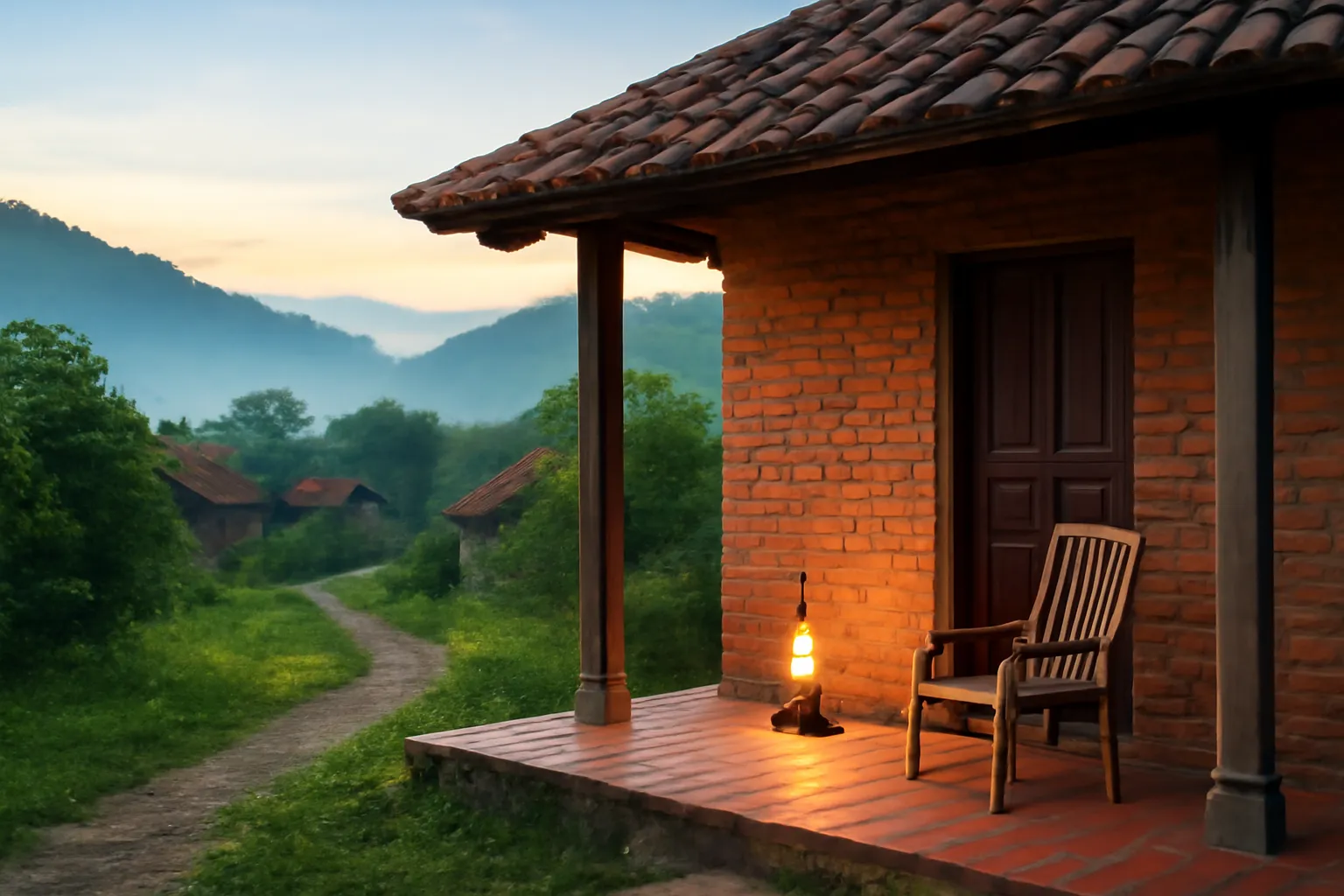 Ánh đèn dầu ấm trên hiên căn nhà làng mái ngói lúc chạng vạng, sương mờ ngoài hiên