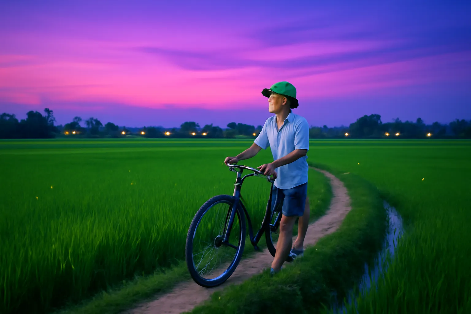 Người đàn ông dắt xe đạp trên bờ ruộng lúc chạng vạng, chân trời tím xanh