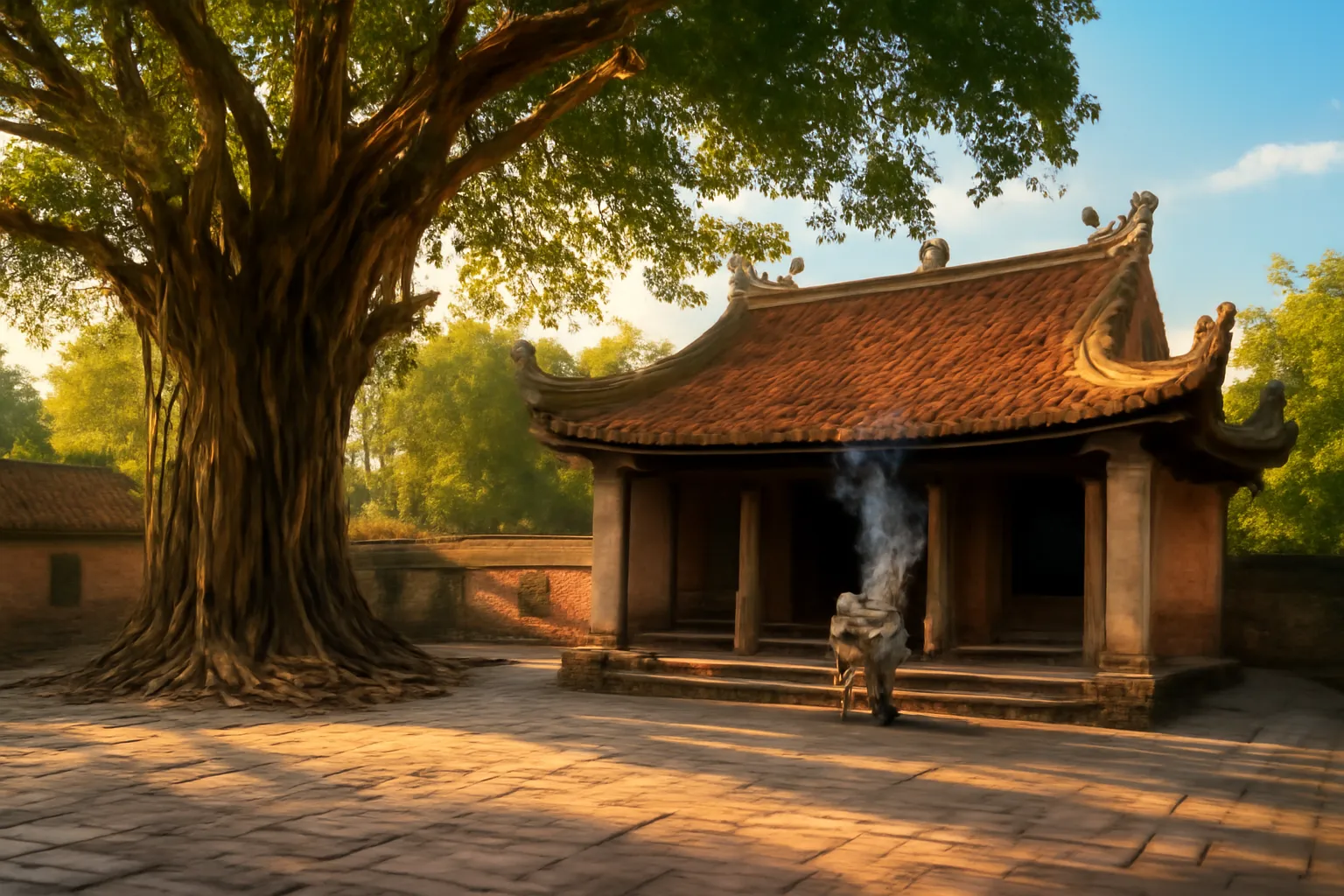 Mái đình cổ cong vút bên gốc đa trong ánh chiều vàng ấm