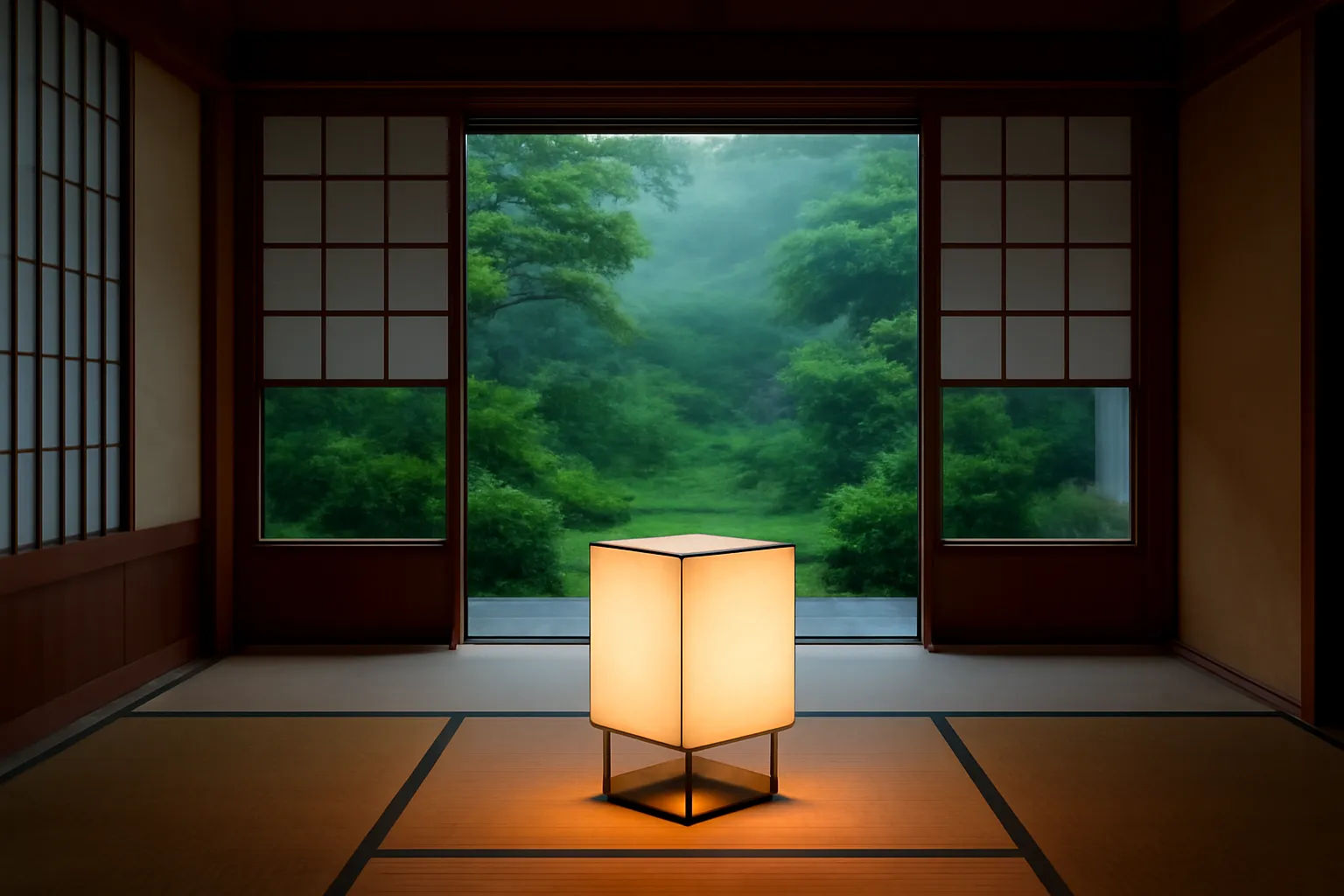 Phòng chiếu tatami trong quán trọ gỗ cũ ở Nhật Bản lúc chạng vạng, đèn giấy vuông sáng ấm, cửa kéo mở ra vườn núi có sương