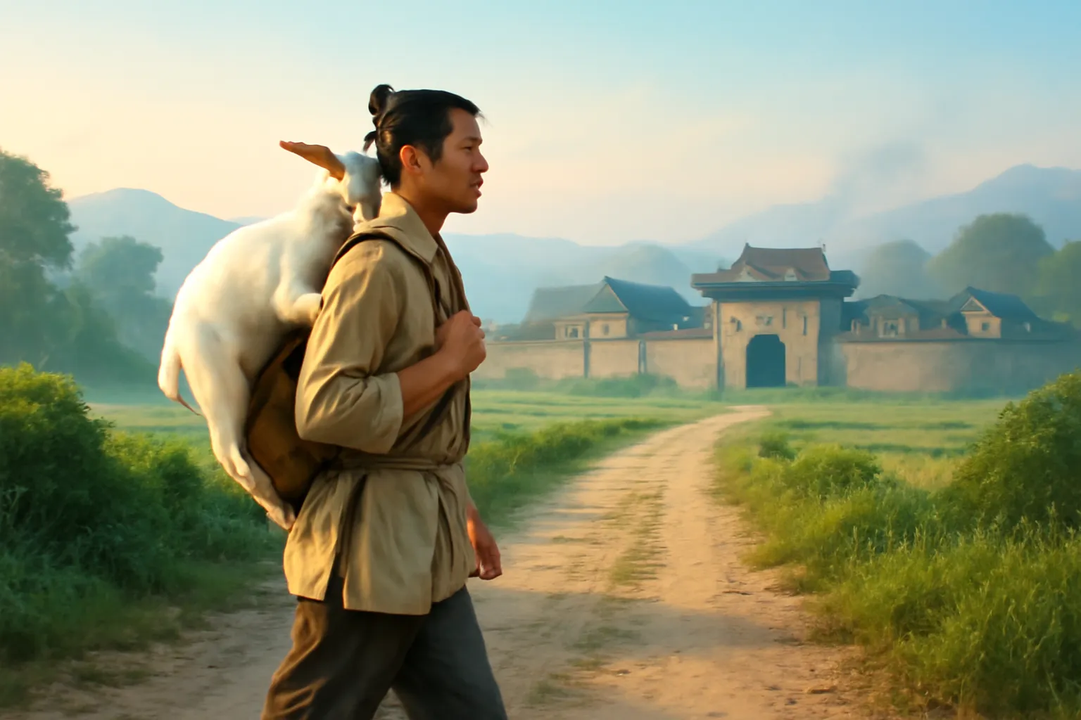 Chàng trai cổ trang cõng một con dê trắng đi trên con đường đất lúc gần sáng