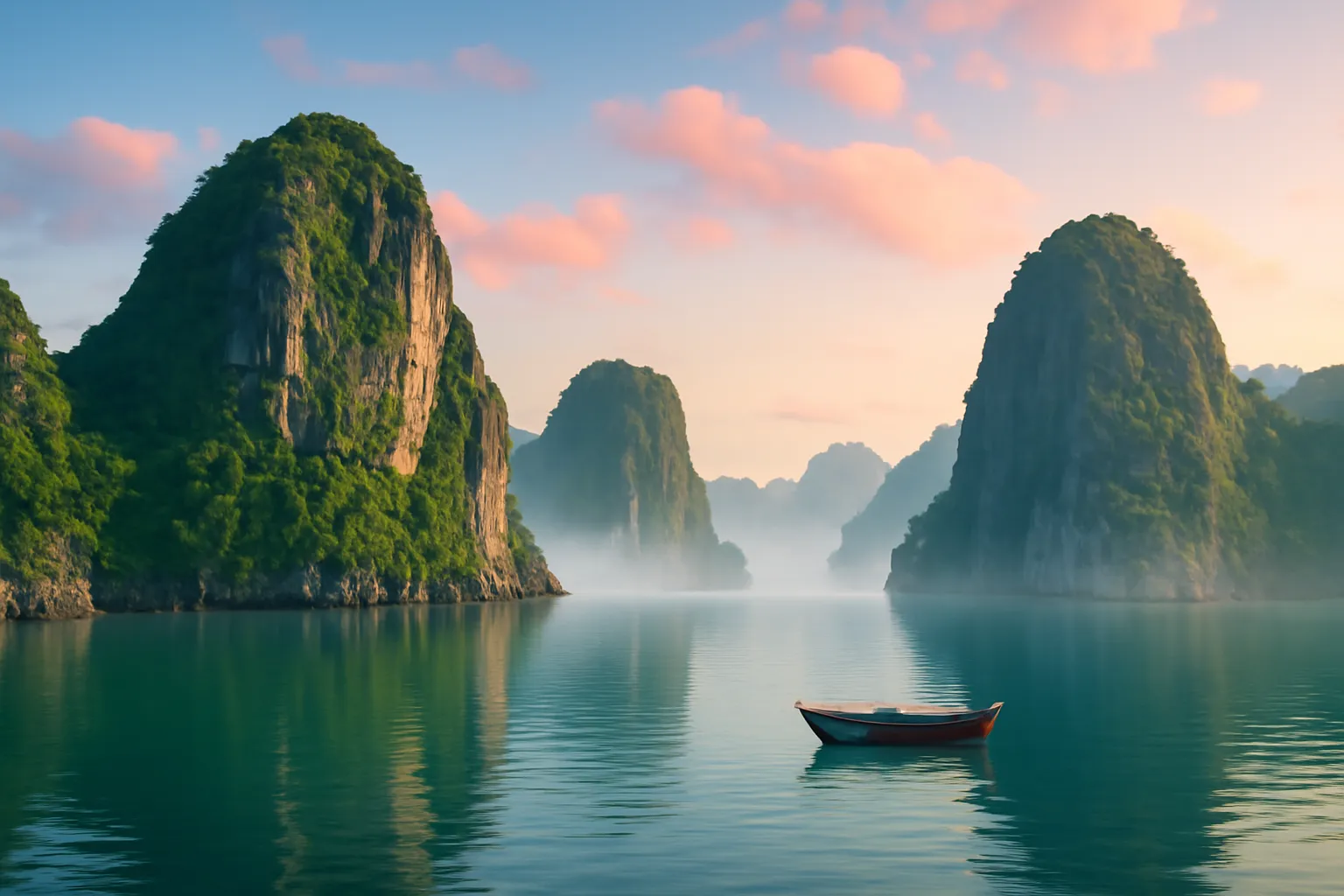 Dãy núi đá ven biển trên mặt nước lặng lúc bình minh, mây hồng, sương mỏng và một chiếc thuyền gỗ nhỏ