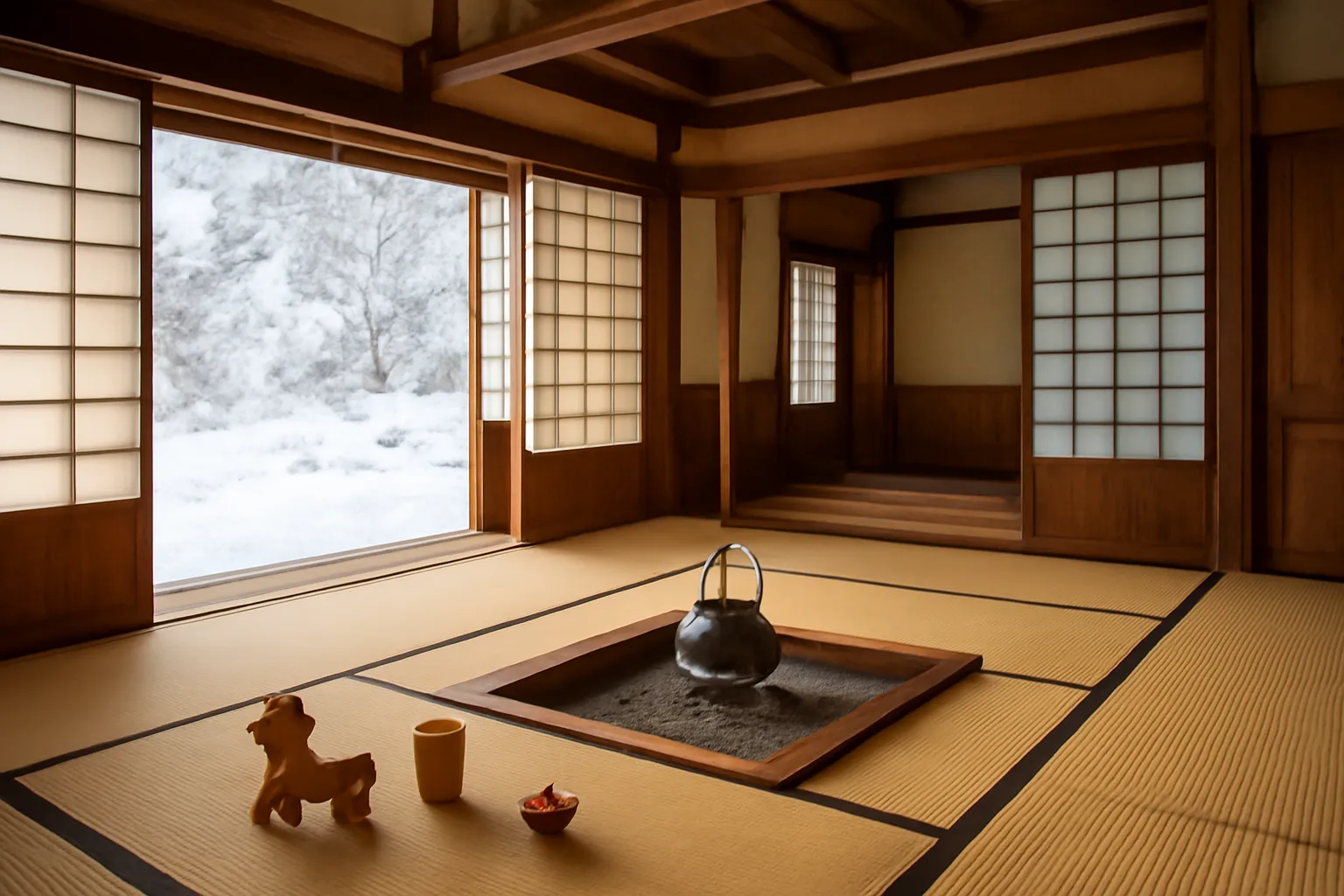 Gian phòng chiếu tatami rộng trong ngôi nhà gỗ cổ vùng tuyết, đồ chơi gỗ đặt cạnh bếp lò giữa nhà